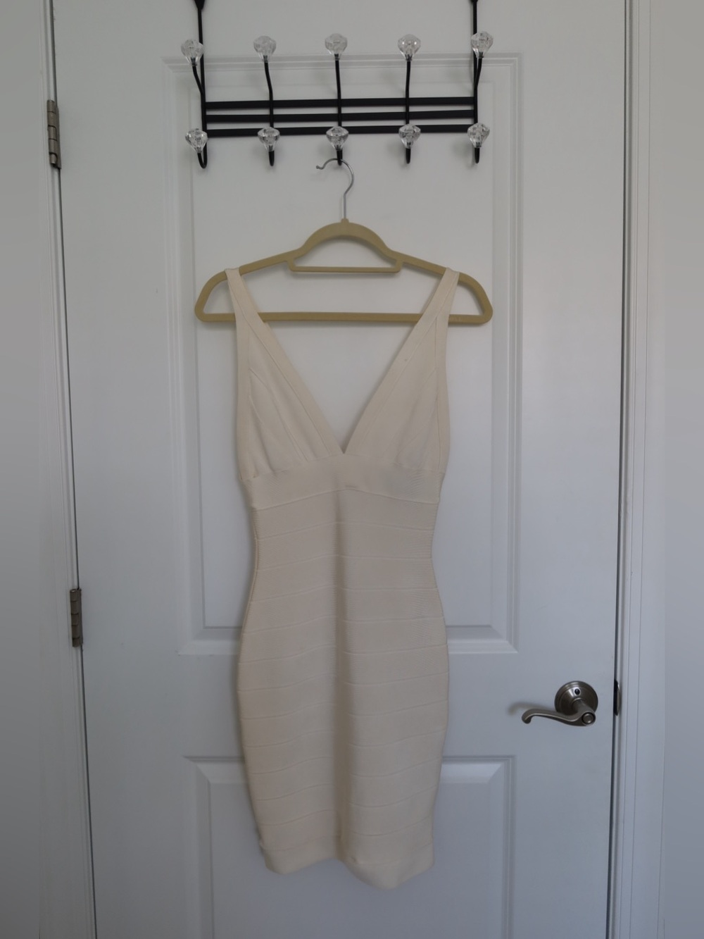 Herve Leger Cream V-Neck Bandage Mini Dress